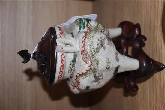 A Chinese famille verte crackle glaze censer, late 19th century (later cover) and a Chinese cloisonne enamel dragon dish